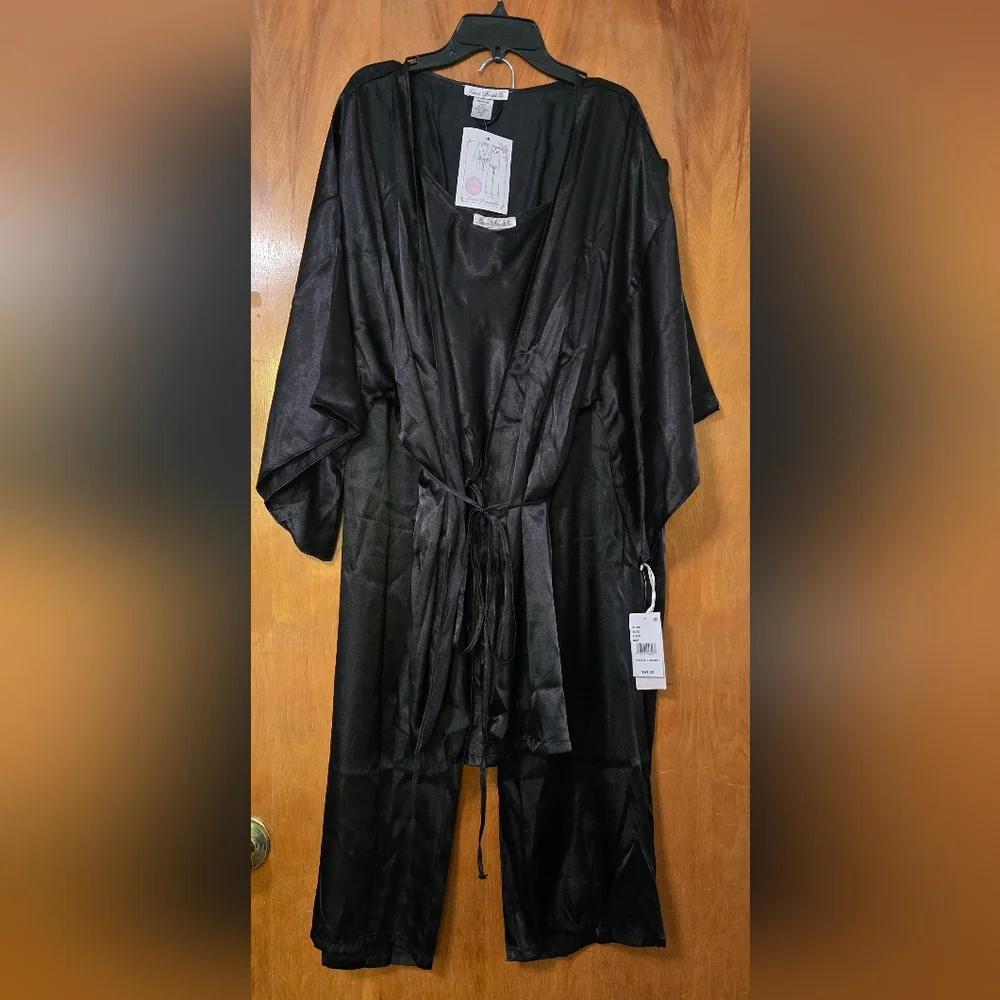 Nwt Linea Donatella 3pc  Black Satin Fringe Sleep PJ Set